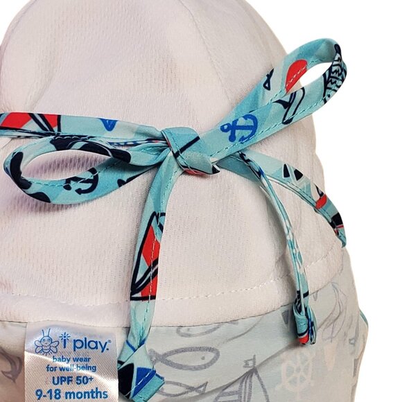 I Play Baby Sun Protection Hat 9–18 Months Blue Sailboat Print UPF 50+ - Picture 7 of 9